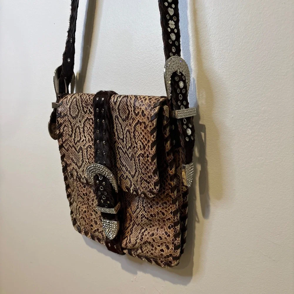 Charm‎ & Luck Genuine Leather Hobo Snakeskin Bag Rhinestone Cowgirl Festival